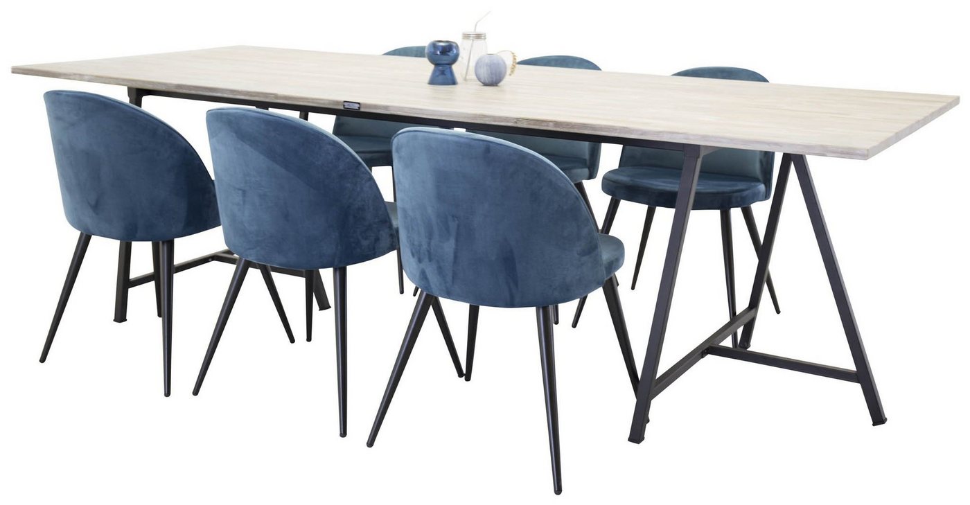 ebuy24 Essgruppe Jepara Essgruppe Esstisch Teak und 6 Velvet Esszim, (7-tlg) von ebuy24