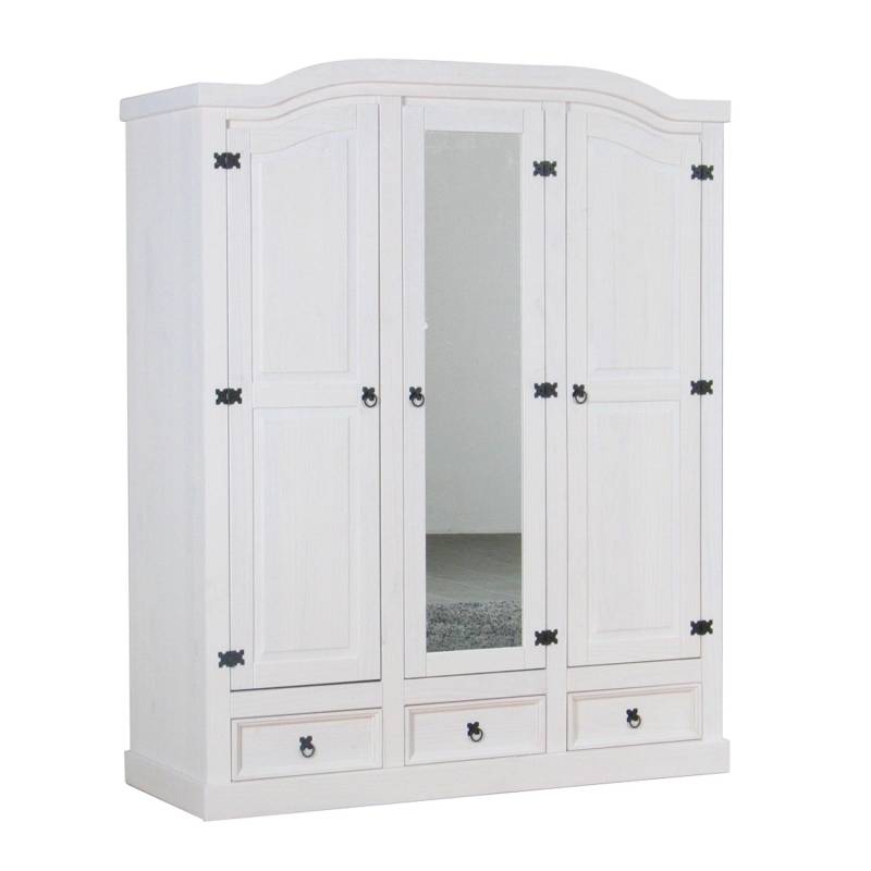 ebuy24 New Mexico Kleiderschrank 3-türig mit einer Spiegeltür 2 Getäfelten Türen und 3 Schubladen in Weiß Gewachst von ebuy24