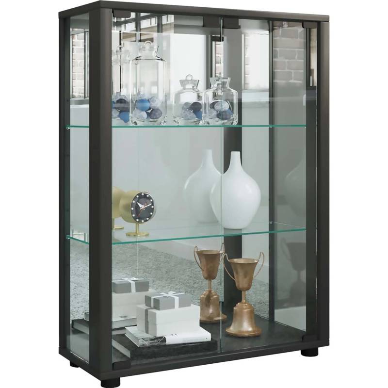 ebuy24 Sintalo Vitrinenschrank mit Spiegel 2 Glastüren Inkl LED-Leuchten Schwarz von ebuy24