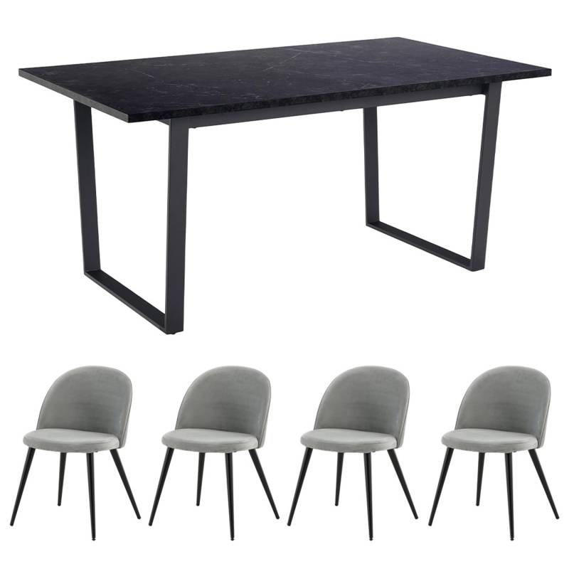 ebuy24 Tilst Essgruppe Tisch Schwarz Marmor Print mit 4 Stühlen in Velour Grau von ebuy24