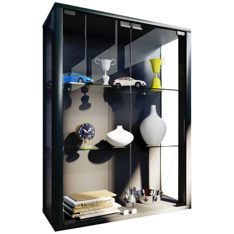 ebuy24 Udina Vitrinenschrank Wandmontage 2 Glastüren mit LED-Licht 2 Glasböden Schwarz von ebuy24