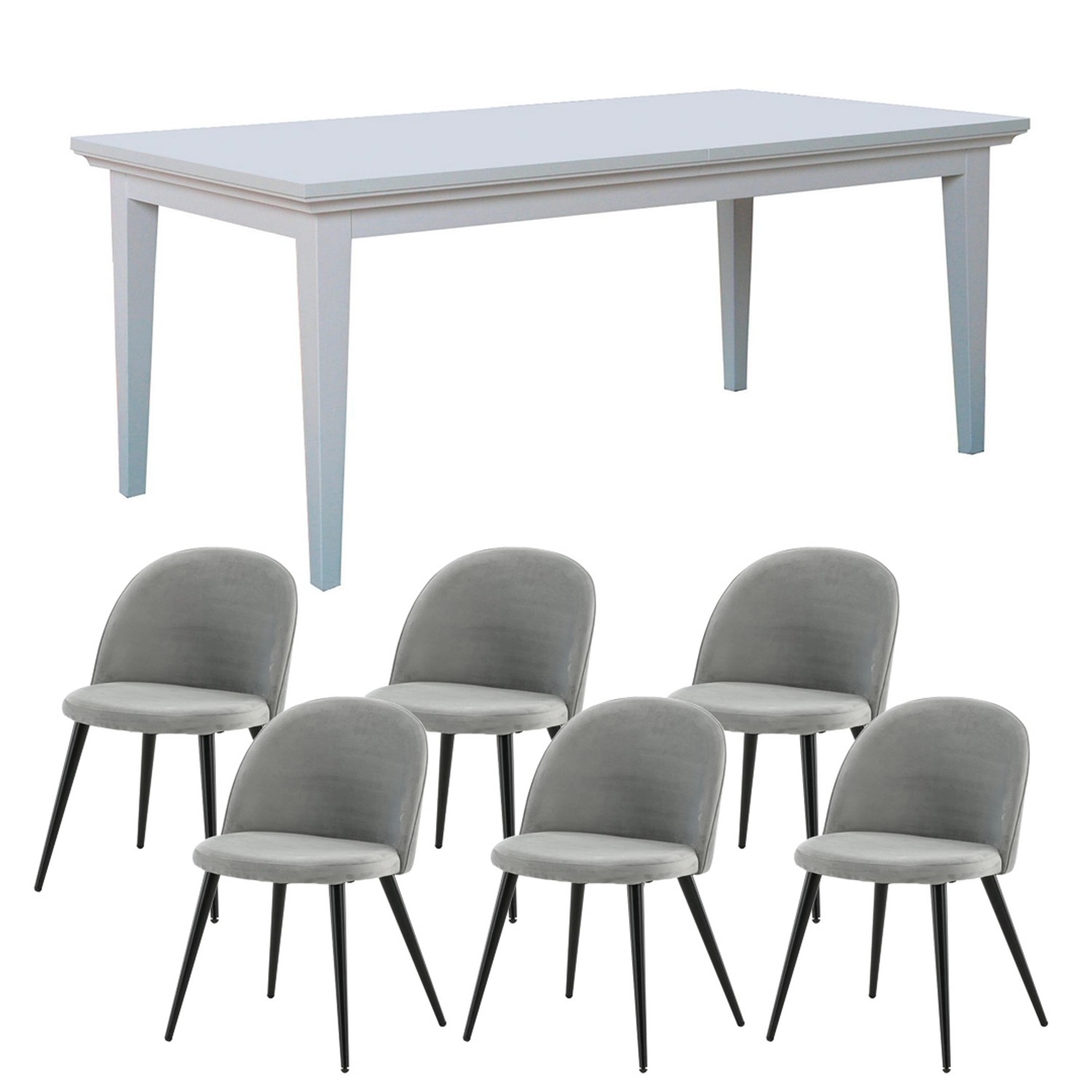 ebuy24 Venedig Essgruppe Tisch Weiß mit 2 Stk Zusatzplatten und 6 Stühlen in Velour Grau von ebuy24