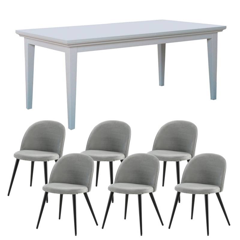 ebuy24 Venedig Essgruppe Tisch Weiß mit 2 Stk Zusatzplatten und 6 Stühlen in Velour Grau von ebuy24