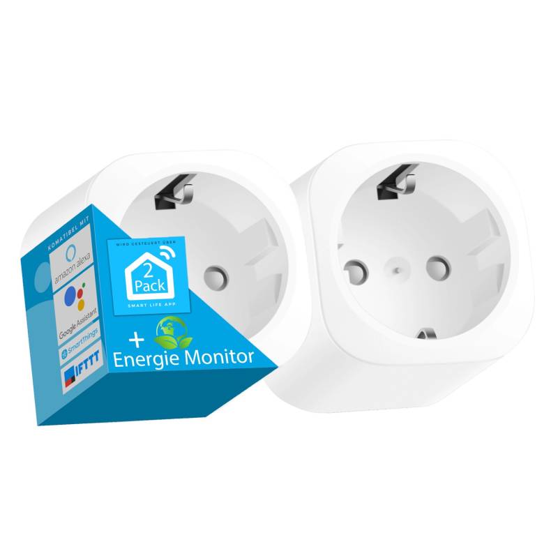Echos Eco-4072 WLAN-Steckdosen Set 2er Pack mit Energiemonitor Tuya / Smart Life App Gesteuert von echos