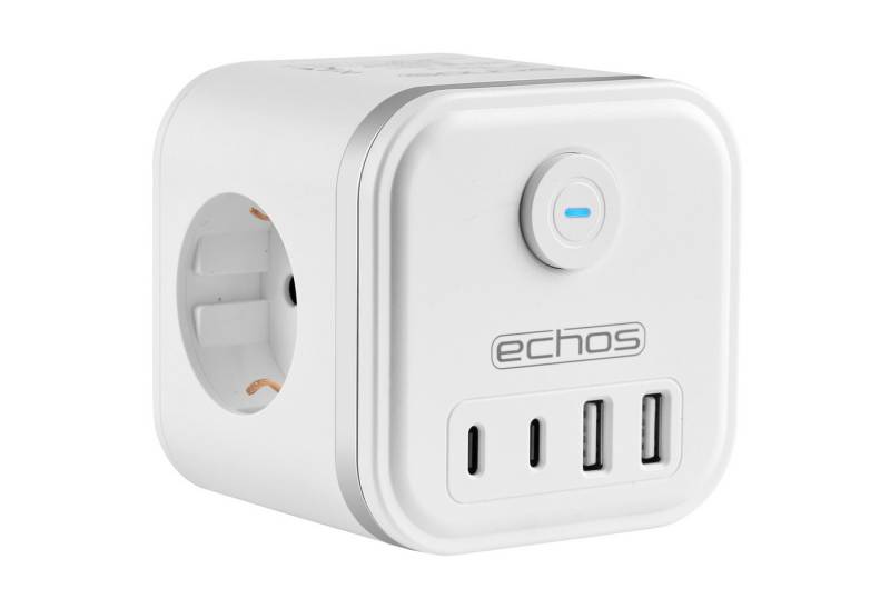 echos Eco-4132 Mehrfachsteckdose 3-fach (Ein- / Ausschalter, USB-Aschlüsse, Überspannungsschutz, Überstromschutz), 7-in-1 Steckdosenwürfel mit 2x USB-A + 2x Typ-C von echos