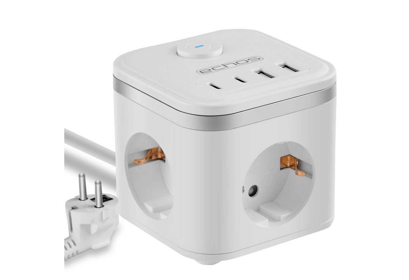 echos Eco-4134 Steckdosenleiste 3-fach (Ein- / Ausschalter, Kontrollleuchte, 2 x USB-A Anschlüsse, 2x 2 USB-C Anschlüsse, Kindersicherung, Überspannungsschutz, Überstromschutz, Feuerfestes Material, Kabellänge 2 m), 7-in-1 Steckdosenwürfel, 2 Meter Stromkabel, USB-A und USB Typ-C echos Eco-4134 Steckdosenleiste 3-fach (Ein- / Ausschalter, Kontrollleuchte, 2 x USB-A Anschlüsse, 2x 2 USB-C Anschlüsse, Kindersicherung, Überspannungsschutz, Überstromschutz, Feuerfestes Material, Kabellänge 2 m), 7-in-1 Steckdosenwürfel, 2 Meter Stromkabel, USB-A und USB Typ-C von echos