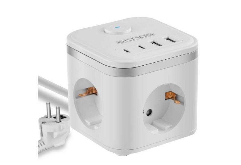 echos Eco-4134 Steckdosenleiste 3-fach (Ein- / Ausschalter, Kontrollleuchte, 2 x USB-A Anschlüsse, 2x 2 USB-C Anschlüsse, Kindersicherung, Überspannungsschutz, Überstromschutz, Feuerfestes Material, Kabellänge 2 m), 7-in-1 Steckdosenwürfel, 2 Meter Stromkabel, USB-A und USB Typ-C von echos