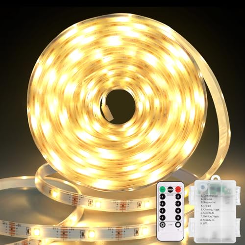 Batterie Streifen mit Fernbedienung, 3M 90LED Vollständig Abgedeckt LED Strip Batteriebetrieben Timer Selbstklebend Zuschneidbar LED Lichtband für TV Küchenschrank Außen deko(Warmweiß) von echosari