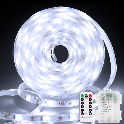 Batterie Streifen mit Fernbedienung, 3M 90LED Vollständig Abgedeckt LED Strip Batteriebetrieben Timer Selbstklebend Zuschneidbar LED Lichtband für TV Küchenschrank Außen deko(Weiß) von echosari