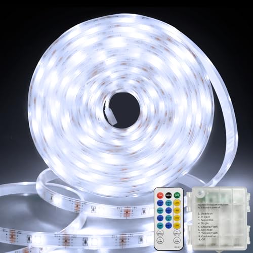 Batterie Streifen mit Fernbedienung, 5M 150LED Vollständig Abgedeckt led Streifen Lichter Timer Selbstklebend Zuschneidbar Dimmbar LED Lichtband für TV Küchenschrank Außen deko(Weiß) von echosari