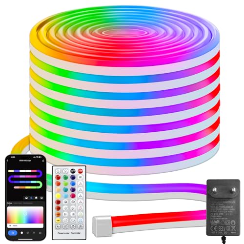 Smart Alexa Neon LED Strip 10M, RGB mit IC LED Streifen mit Fernbedienung APP Steuerung Timer LED Leiste Musik Sync DIY Flexibel Band für Wohnzimmer Außen Dekor (Alexa & Google Assistant) von echosari
