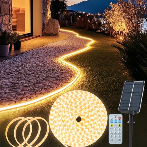 echosari 10M Solar LED Streifen Außen, 640 LED Strip Lichter mit Fernbedienung Dimmbar Timer LED Lichtstreifen Wasserdicht Lichter Band für Zaun Veranda Pavillon Gartenbäume Außen dekor (Warmweiß) von echosari