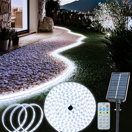 echosari 10M Solar LED Streifen Außen, 640 LED Stripe mit Fernbedienung Dimmbar Timer LED Lichtschlauch Wasserdicht Lichter Band für Zaun Veranda Pavillon Gartenbäume Außen dekor (Weiß) von echosari