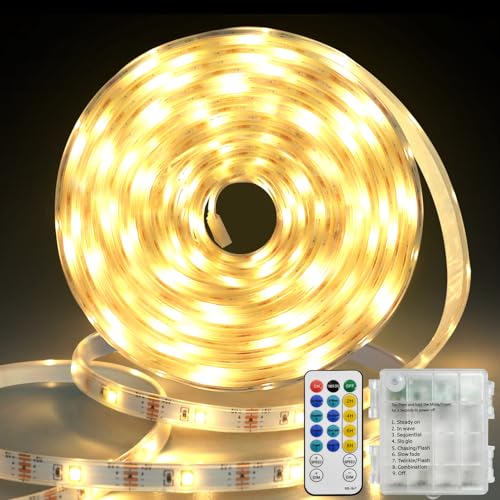 5M Batterie Streifen mit Fernbedienung,150 LED Vollständig Abgedeckt LED Streifen Lichter Timer Selbstklebend Zuschneidbar LED Strip Lights für TV Küchenschrank Außen(Warmweiß) von echosari