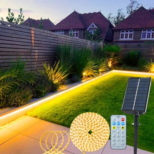 echosari Solar LED Streifen Außen, 5M 320 LED Lichtstreifen mit Fernbedienung Dimmbar Timer LED Strip Lichter Wasserdicht Lichter Band für Zaun Veranda Pavillon Gartenbäume Außen dekor (Warmweiß) von echosari