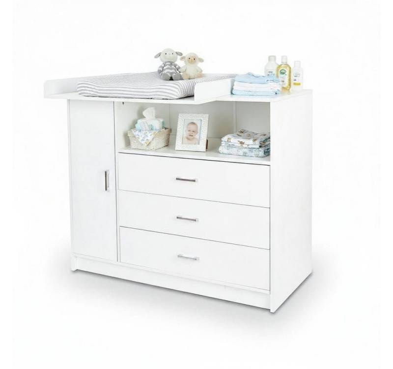 ecoMI Wickelkommode Wickeltisch Kommode mit abnehmbaren Wickelaufsatz in Weiß 113x100 cm, 3 Schubladen, 1 Ablagefach, 1 Tür mit zwei Fächern, Abnehmbar von ecoMI