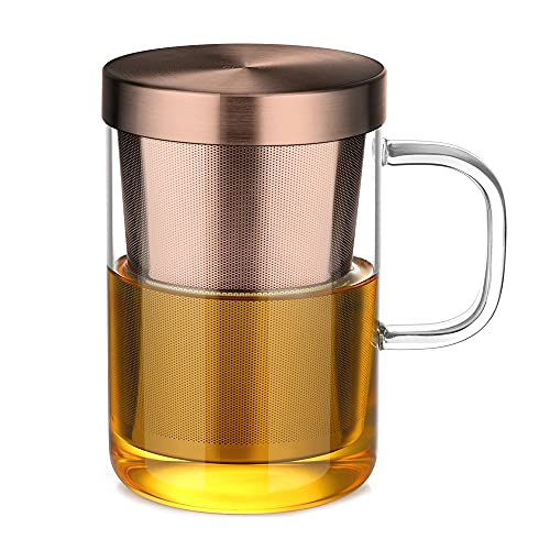 ecooe 500ml(volle Kapazität) Glas Tasse mit Bronze Edelstahl sieb und Deckel Teeglas Teebecher aus Borosilikat Teetasse von ecooe