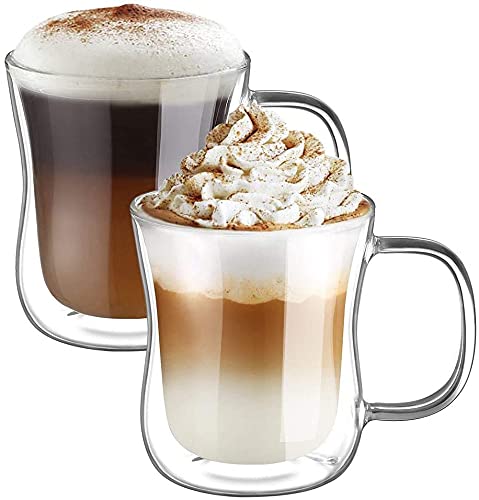 ecooe Doppelwandige Latte Macchiato Gläser Set Borosilikatglas Kaffeetassen Glas 2er Set 350ml Kaffeeglas Teegläser mit Henkel für Cappuccino,Tee,EIS,Milch,Bier von ecooe