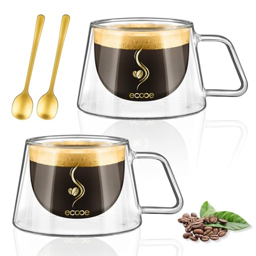 ecooe 120ml Espressotassen Glas Doppelwandige Espresso Gläser 2er Set, Borosilikatglas Kaffeetassen Glas Kaffeegläser Teegläser Espresso Tassen Set mit Henkel für Tee, Milch Geschenk für Frauen von ecooe