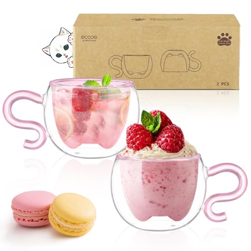 ecooe 130ml Süße Rosa Katze Doppelwandige Kaffeegläser Espressotassen 2er-Set, Katzentasse Geburtstagsgeschenk Geschenke für Frauen, Freundin, Mama, Kinder, Espresso Gläser für Eiskaffee und Milch von ecooe