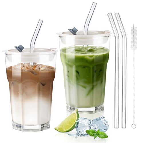 ecooe 2 Stück Glasbecher mit Deckel und Strohhalm 380ml Glas Smoothie Becher Eiskaffee Gläser, Luftdicht Wasserdicht Design Kaffeegläser Trinkgläser für Matcha Latte Saft Milch Tee Cocktail von ecooe