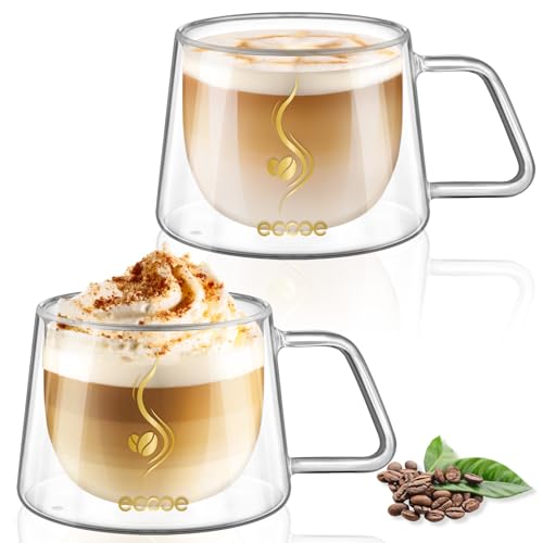 ecooe Doppelwandige Kaffeegläser 350ml Latte Macchiato Gläser 2er Set, Borosilikatglas Kaffeetassen Glas Doppelwandig Kaffeeglas Teegläser mit Henkel Löffel für Cappuccino, Tee, EIS, Milch, Bier von ecooe