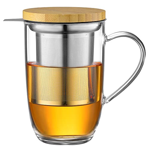 ecooe 440ml Glas Teetasse Borosilikat Teebecher Teeglas mit Ultrafein 18/8 Edelstahlsieb Natürlicher Bambus Deckle Verdickter für Kaffee Saft Kohlensäurehaltige Getränke Milch Joghurt von ecooe