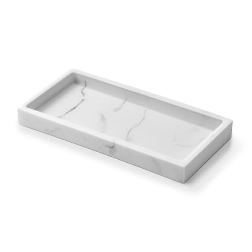 ecooe Badezimmertablett – Rechteckiges Kunstharz-Tablett in weißer Marmoroptik, Dekotablett für Bad, Küche oder Kommode, kleines Marmortablett für Seife, Schmuck (20 × 10 cm) von ecooe