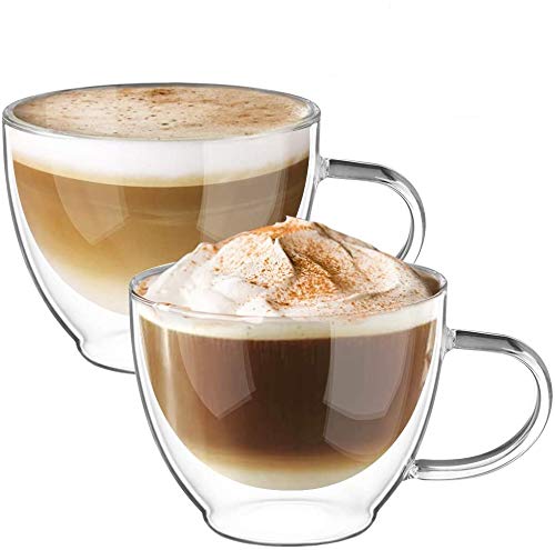 ecooe Doppelwandige Cappuccino Tassen Glaser Latte Macchiato Glaser Borosilikatglas Kaffeetassen Glas 2er Set 350ml Kaffeeglas Teegläser mit Henkel für Cappuccino,Tee,EIS,Milch,Bier von ecooe