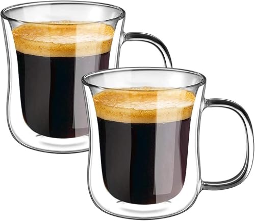 ecooe Doppelwandige Espressotassen Espresso Glaser Set Borosilikatglas Kaffeetassen Glas 2er Set 120ml Kaffeeglas Teegläser mit Henkel für Cappuccino,Latte Macchiato,Tee,EIS,Milch,Bier von ecooe