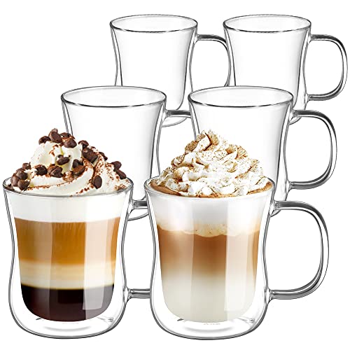 ecooe Doppelwandige Latte Macchiato Gläser Set Borosilikatglas Kaffeetassen Glas 6er Set 350ml Kaffeeglas Teegläser mit Henkel für Cappuccino,Latte Macchiato,Tee,EIS,Milch,Bier von ecooe