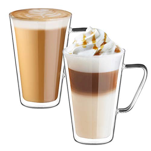 ecooe Doppelwandige Latte Macchiato Gläser Set Borosilikatglas Kaffeetassen Glas 2er Set 450ml Kaffeeglas Teegläser mit Henkel für Cappuccino,Latte Macchiato,Tee,EIS,Milch,Bier von ecooe