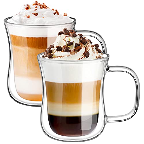 ecooe Doppelwandige Latte Macchiato Gläser Borosilikatglas Kaffeetassen Glas 2er Set 240ml Kaffeeglas Teegläser mit Henkel für Cappuccino, ,Tee,EIS,Milch,Bier von ecooe