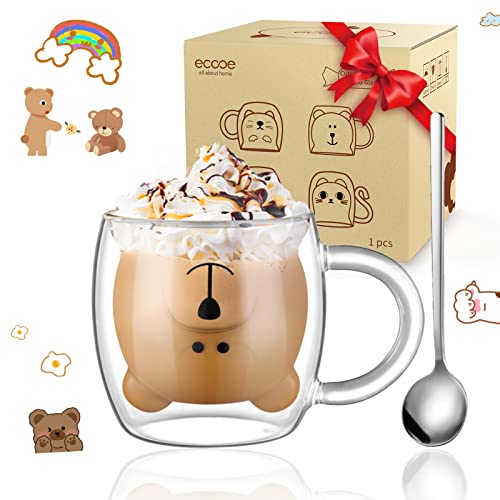 ecooe Süße Tassen Bär Doppelwandige Gläser 280ml Latte Macchiato Gläser Cappuccino Tasse Bär Kaffeetasse Doppelwandig Kaffeeglas Teegläser Geburtstag Valentinstag Geschenke für Frauen Männer Kinder von ecooe