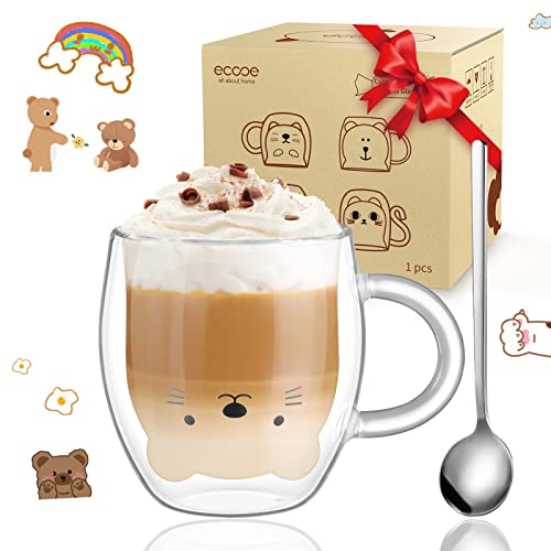 ecooe Süße Tasse Katze Doppelwandige Gläser 290ml Latte Macchiato Gläser Cappuccino Tassen Kaffeetasse Doppelwandig Kaffeeglas Teegläser Geburtstag Valentinstag Geschenke für Frauen Mütter Kinder von ecooe