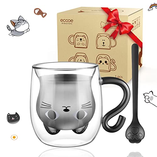 ecooe Doppelwandige Süße katze Latte Macchiato Gläser Kaffeetasse 290ml Kaffeeglas Teegläser für Cappuccino,Latte Macchiato,Tee, Milch, Bier, Geburtstag Valentinstag Geschenke für Frauen Männer Kinder von ecooe