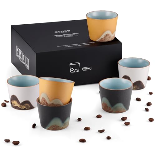 ecooe Espressotassen Set Dickwandig aus Steingut 6 x 90ml, Handgefertigt Porzellan Kaffeetassen, Hochwertige Keramik Teetassen Set, Geschenke für Frauen Männer Weihnachtsgeschenke, Tee, Sake, Doppio von ecooe