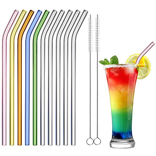 ecooe Glas Strohhalme 10 Wiederverwendbar Trinkhalme 0.8 * 21.1cm Strohhalme aus Glas Gebogen mit 2 Reinigungsbürsten Umweltfreundlich Spülmaschinenfest Für Smoothie Milchshake Cocktail Saft von ecooe