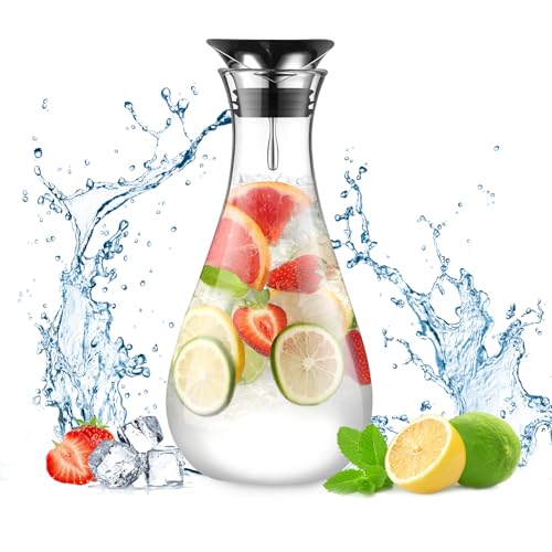 ecooe Glaskaraffe 1.8L Wasserkaraffe Karaffe Glas mit Edelstahl Deckel, Glaskrug Wasserkrug Saftkrug Getränkekrug Glaskanne für Heißes Kaltes Wasser Hausgemachte Getränke Eistee Saft Milch Tee Kaffee von ecooe