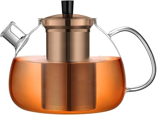 ecooe Original 1500ml Bronze Teekanne aus Glas Borosilikat Glas Teebereiter mit Abnehmbare 18/8 Edelstahl-Sieb Rostfrei Hitzebeständig für Schwarzen Tee Grüner Tee Fruchttee Duftender Tee Teebeutel von ecooe