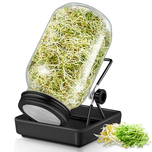 ecooe Sprossen Keimglas 1er Set Schwarz keimgläser für Sprossenglas Sprouting jar mit 1 Wasserschale 1 Filtergitterabdeckungen aus Edelstahl 304 und 1 Ständer von ecooe