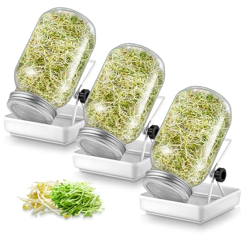 ecooe Sprossen Keimglas 3er Set keimgläser für Sprossenglas Sprouting jar mit 3 Wasserschale 3 Filtergitterabdeckungen aus Edelstahl 304 und 3 Ständer von ecooe