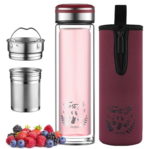 ecooe Teeflasche mit Sieb 440 ml Weinrot Doppelwandig Teebecher to go Bottle Trinkflasche mit 18/8 Edelstahl Sieb und Schutztasche Tee Glasflasche für Tee Kaffee Saft&Milchshak von ecooe