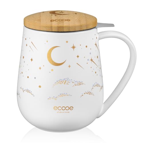 ecooe Teetasse mit Deckel und Sieb, 600 ml Keramik Tee Tasse Große Teetassen mit Teesieb und Deckel, Weiß Keramik Teebecher Set mit Henkel - Weihnachten Pärchen Geschenke von ecooe