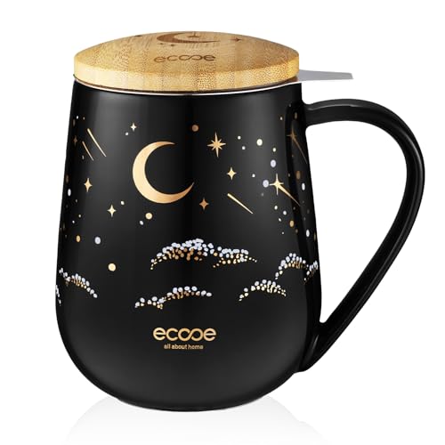 ecooe Teetasse mit Deckel und Sieb - 600 ml Keramik Tee Tasse Große Teetassen mit Edelstahl Teesieb und Deckel, Schwarz Keramik Teebecher Set mit Henkel für Losen Tee von ecooe