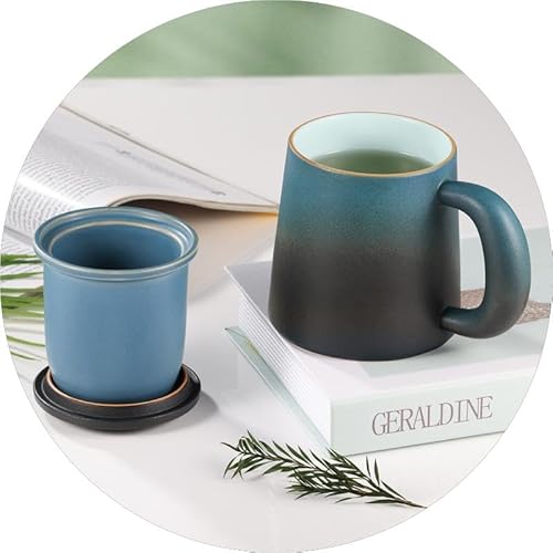 ecooe Teetasse mit Teesieb und Deckel, 420ml(volle Kapazität) Keramik Tasse Große Teetassen mit Edelstahl Teesieb, für Losen Tee, Blau und Schwarz Gradienten Teebecher Set mit Henkel, zen lifestyle von ecooe