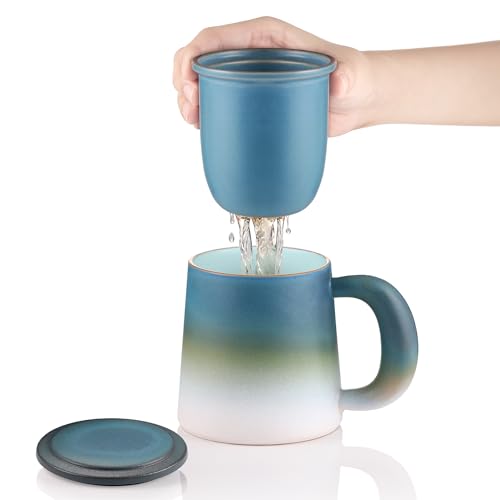 ecooe Teetasse mit Teesieb und Deckel, 420ml(volle Kapazität) Keramik Tasse Große Teetassen mit Edelstahl Teesieb, für Losen Tee, Blau und Weiß Gradienten Teebecher Set mit Henkel von ecooe