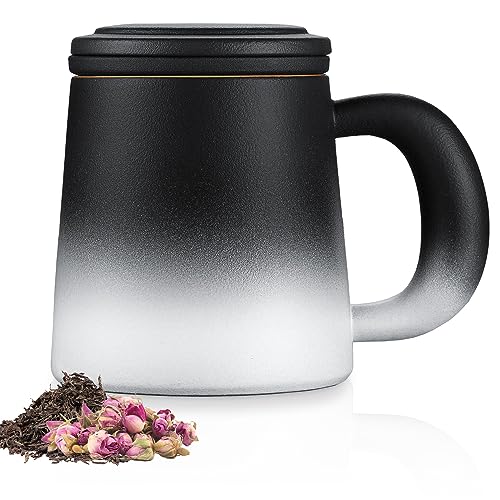 ecooe Teetasse mit Teesieb und Deckel, 420ml(volle Kapazität) Keramik Tasse Große Teetassen mit Edelstahl Teesieb, für Losen Tee, Schwarz und Weiß Gradienten Teebecher Set mit Henkel von ecooe