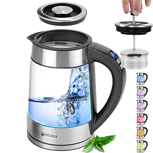 Ecosa® 2in1 Wasserkocher & Teekocher Glas Edelstahl mit Temperatureinstellung & separatem Teesieb Einsatz- 1,7 Liter 2.200 Watt - BPA Frei mit Temperaturwahl 40°C-100°C - LED - Warmhaltefunktion von ecosa