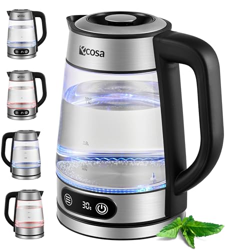 Ecosa® Glas Wasserkocher mit Temperatureinstellung 1,8 Liter 2.200 Watt Edelstahl mit Temperaturwahl Teekocher 100% BPA FREI Warmhaltefunktion LED Beleuchtung Memory-Funktion von ecosa